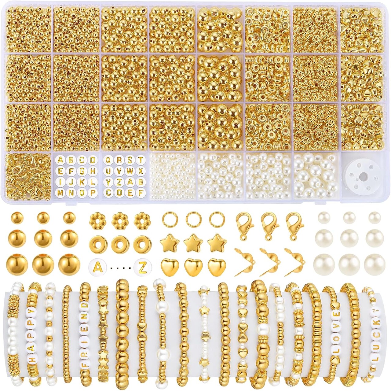 Spacer Beads for Jewelry Making, 2500Pcs Gold Round Beads for Bracelets, 4mm 6mm 8mm Spacer Loose Ball Bead Star Pearls Letter Bead for DIY Bracelet Jewelry Making Craft